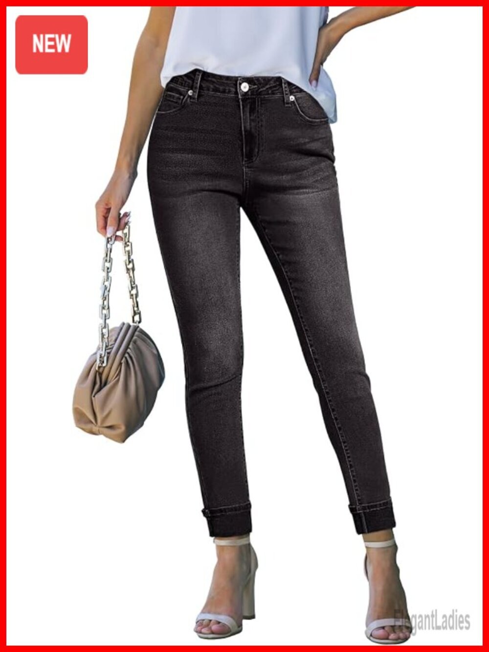 High Waisted Skinny Stretch Denim Jeans with Fold Hem and Pockets